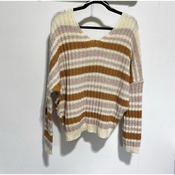 Cozy Striped Women’s V-Neck Sweater Cream Brown Lavender - Picture 13 of 13